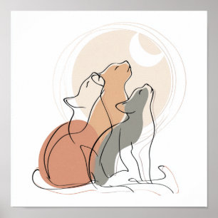 Minimalistisk kattfamilj linjärt konstaffisch poster