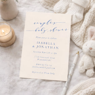 Minimalistisk klassisk blå script par baby shower inbjudningar