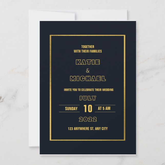 Minimalistisk klassisk mörk marin blå guld bröllop inbjudningar (Framsida)