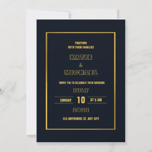 Minimalistisk klassisk mörk marin blå guld bröllop inbjudningar