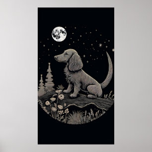 Minimalistisk konst av en Dachshund på Måne Poster