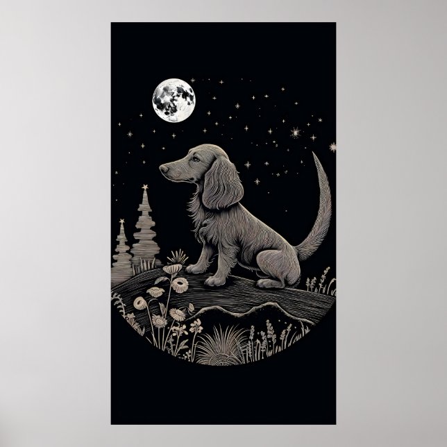 Minimalistisk konst av en Dachshund på Måne Poster (Framsidan)