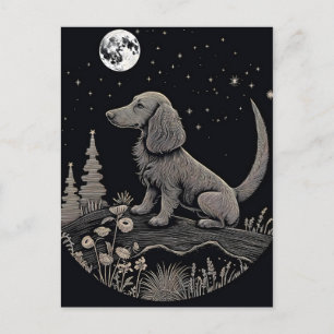 Minimalistisk konst av en Dachshund på Måne Vykort