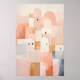 Minimalistisk konsttryck av stadsmiljö i mjuk rosa poster