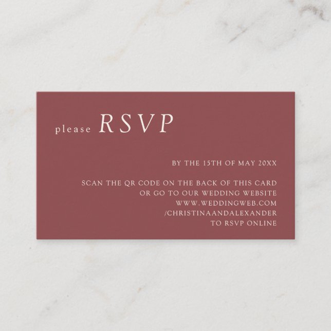 Minimalistisk Kopparröd Bröllops QR-kod RSVP Tilläggskort (Framsida)