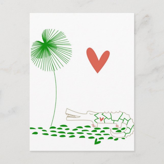 Minimalistisk krokodil med hjärta och grönt blomma vykort (Framsida)