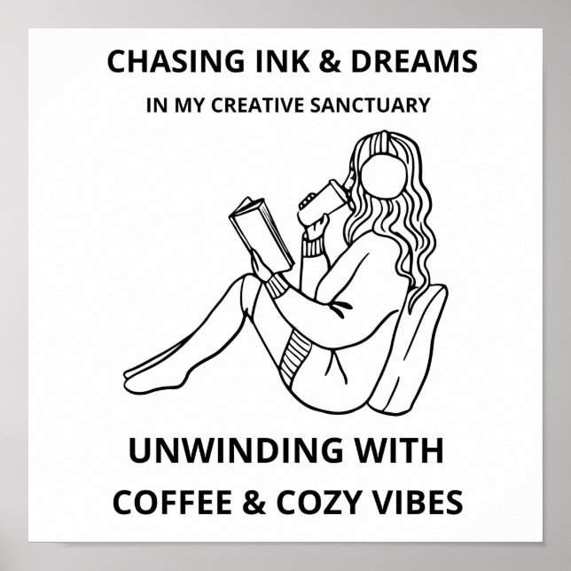 MINIMALISTISK KVINNA LÄSER & KAFÉ LINJEKONST POSTE POSTER (Framsidan)