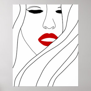 Minimalistisk kvinna med röda läppar Linjekonst Poster