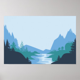 Minimalistisk landskapsvy med berg och flod poster