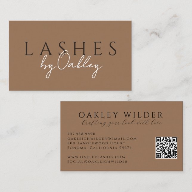 Minimalistisk Lash-tekniker QR-kod Brun Visitkort (Fram/baksida)