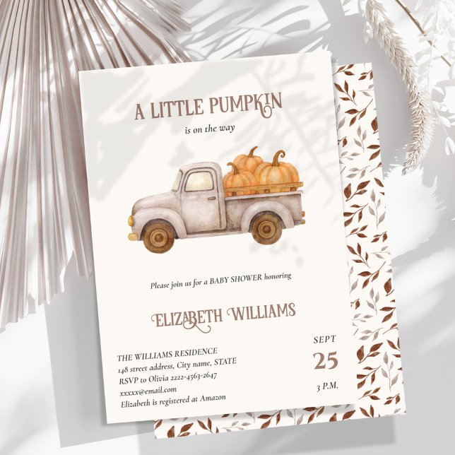 Minimalistisk Lastbil babybabyåda med Rustic Pumpk Inbjudningar (A little pumpkin baby shower Invitation with Rustic Truck & Fall Charm)