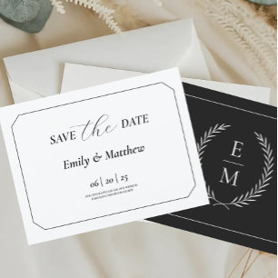 Minimalistisk Laurbärmonogram Bröllop Save The Dat Meddelande Vykort