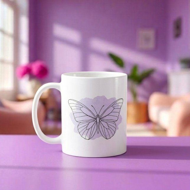 Minimalistisk Lavendel Fjäril Vattenfärgskål Kaffemugg (Aesthetic line art butterfly, purple watercolor coffee mug)