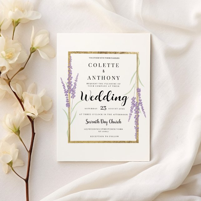 Minimalistisk lavender vit guld blommigt Bröllop Inbjudningar (Minimalist lavender white gold floral Wedding )