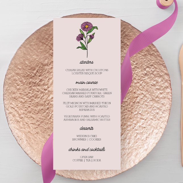 Minimalistisk Lila Aster Bröllop Menu Meny (Skapare uppladdad)