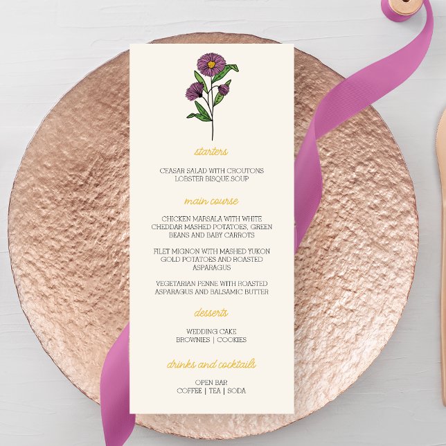 Minimalistisk Lila Aster Bröllop Menu Meny (Skapare uppladdad)