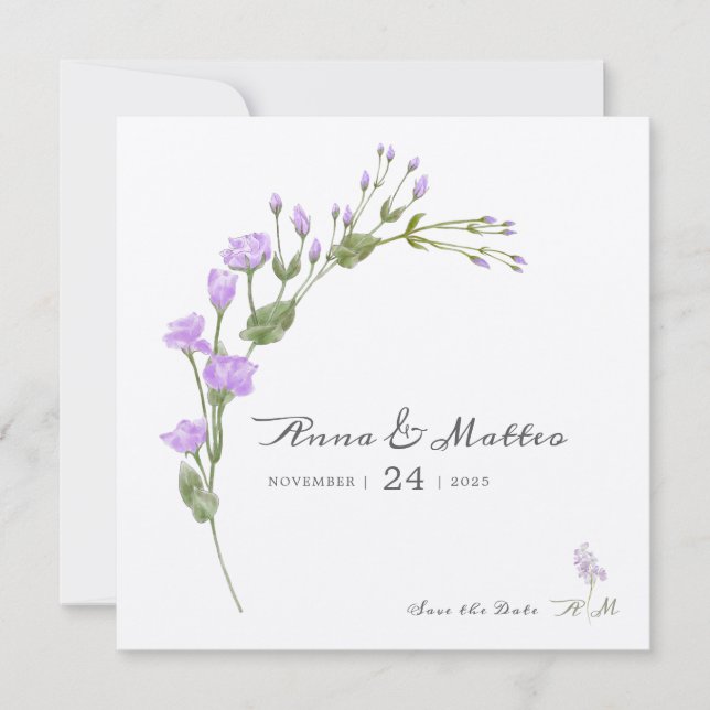 Minimalistisk lila blomster- Flat Save The Date Br Spara Datumet (Framsida)