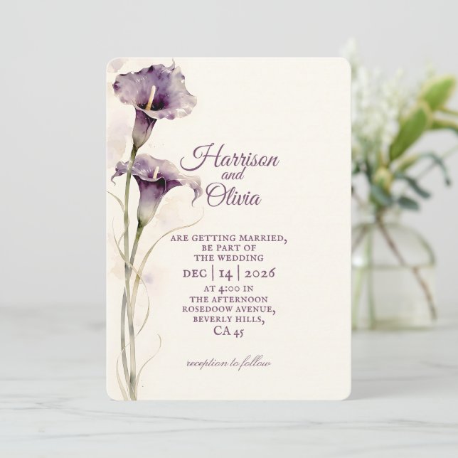 Minimalistisk lila Calla Lily akvarell Bröllop Inbjudningar (Stående Fram)