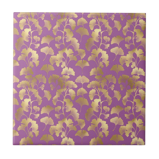 Minimalistisk lila guld Ginkgo-bladsmönster Kakelplatta (Framsidan)