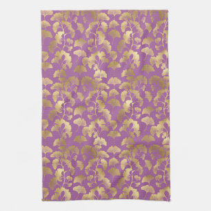 Minimalistisk lila guld Ginkgo-bladsmönster Kökshandduk
