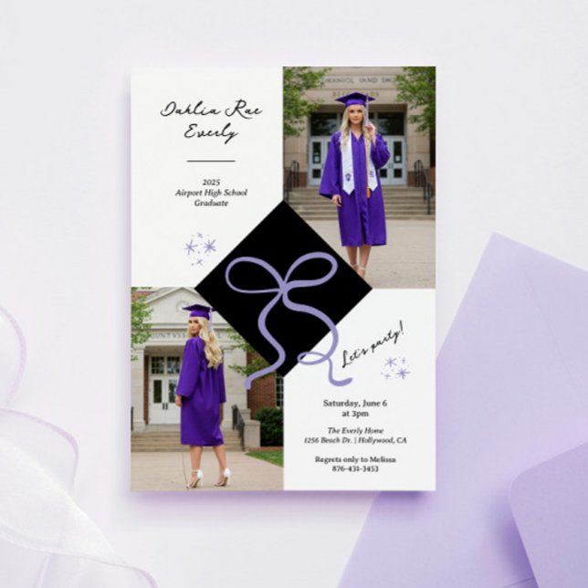 Minimalistisk lila mössa och rosett examensfoto inbjudningar (Purple Cap and Bow Graduation Invitation)