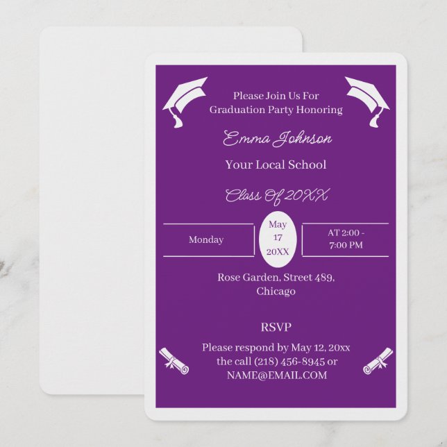 Minimalistisk Lila och vit Anpassningsbar Studente Inbjudningar (Fram/baksida)