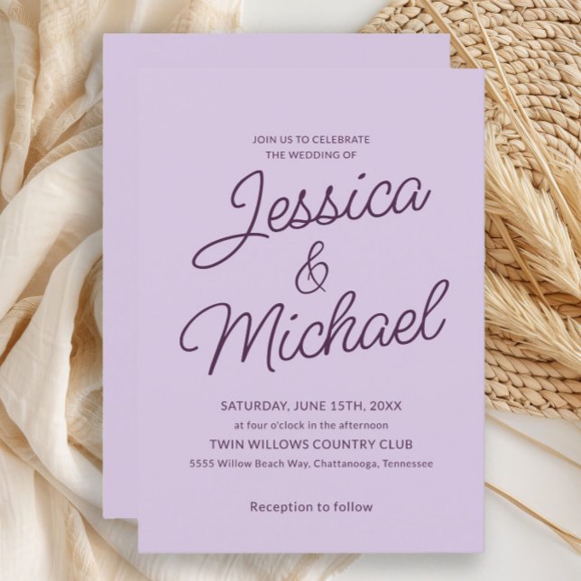 Minimalistisk lila plommon purpur skript Bröllop  Inbjudningar (Lavender and plum purple wedding invitation)