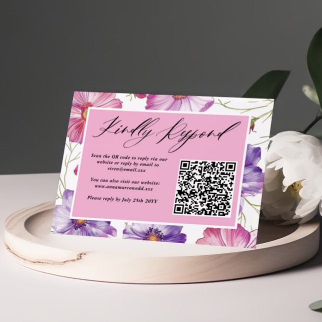 Minimalistisk Lila Rosa Blommigt Bröllop QR-kod OSA Kort (Skapare uppladdad)
