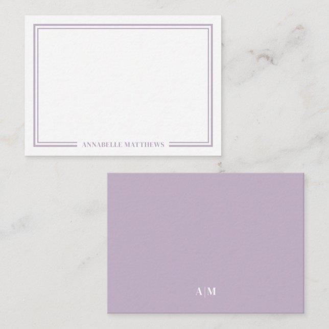 Minimalistisk Lila Två Kant Monogram Anteckningskort (Fram/baksida)