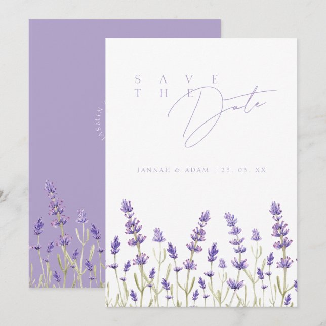 Minimalistisk lila vildblomma bröllop spara datumet (Fram/baksida)