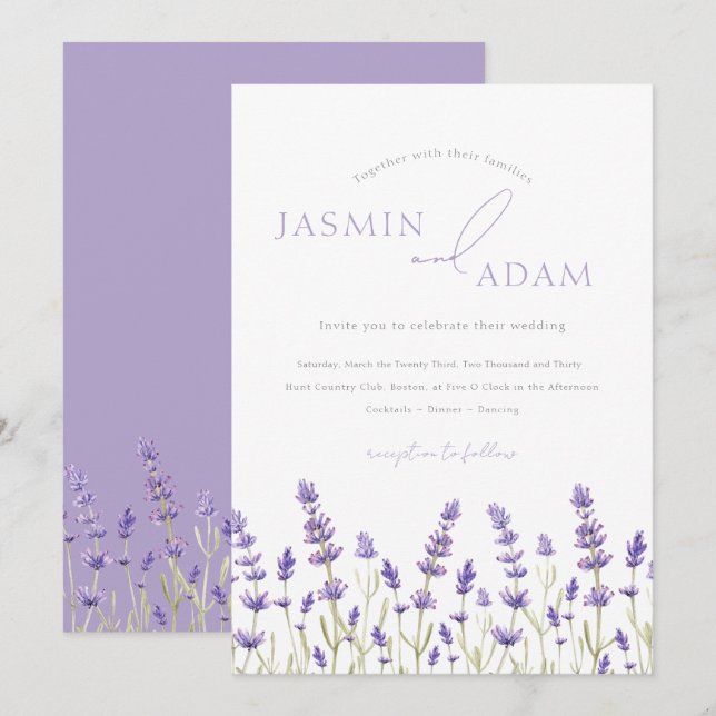 Minimalistisk lila vildblomma elegant bröllop inbjudningar (Fram/baksida)