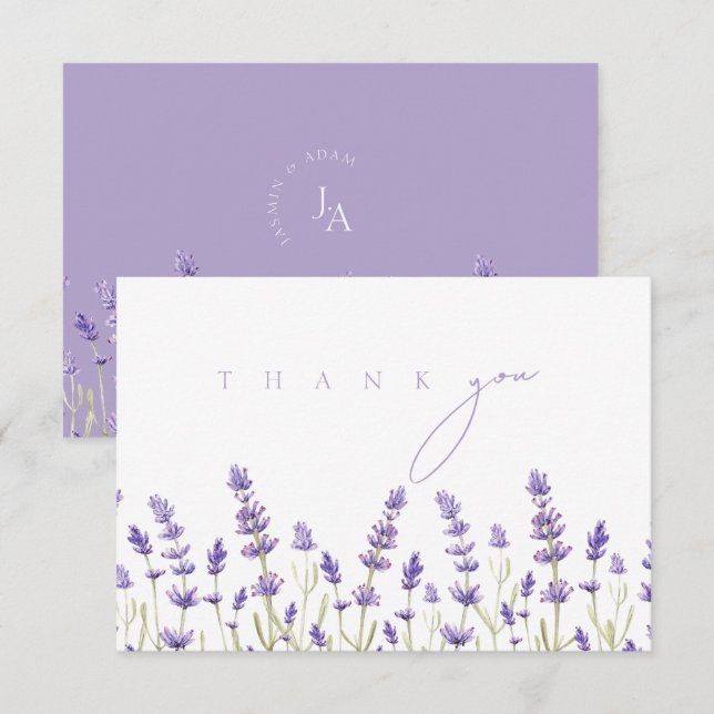 Minimalistisk lila vildblomma elegant bröllop tack kort (Fram/baksida)