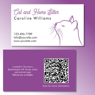 Minimalistisk lila vit kattillustration QR-kod Visitkort