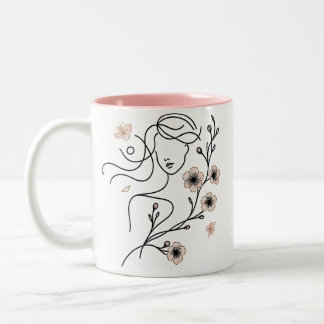 Minimalistisk Line Art Cherry Blommar Mugg, Woman Två-Tonad Mugg