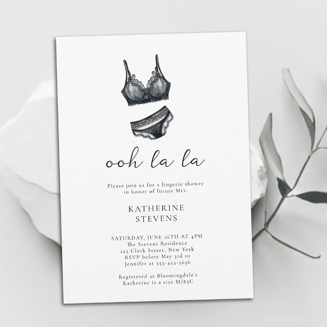 Minimalistisk Lingerie Party Oh La Möhippa Inbjudningar (lingerie party bridal shower invitation black white classy panties bra set lace elegant watercolor)