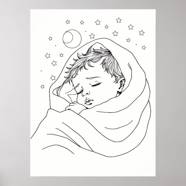 Minimalistisk Linjärt Sovande Barn Konst Poster (Framsidan)