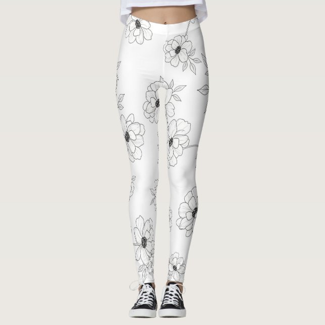 Minimalistisk Linje Konst Blommig Sömlös Mönster ( Leggings (Framsida)