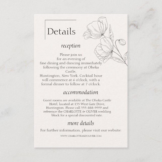Minimalistisk Linje Konst Botanisk Bröllopsdetaljk Tilläggskort (Framsida)