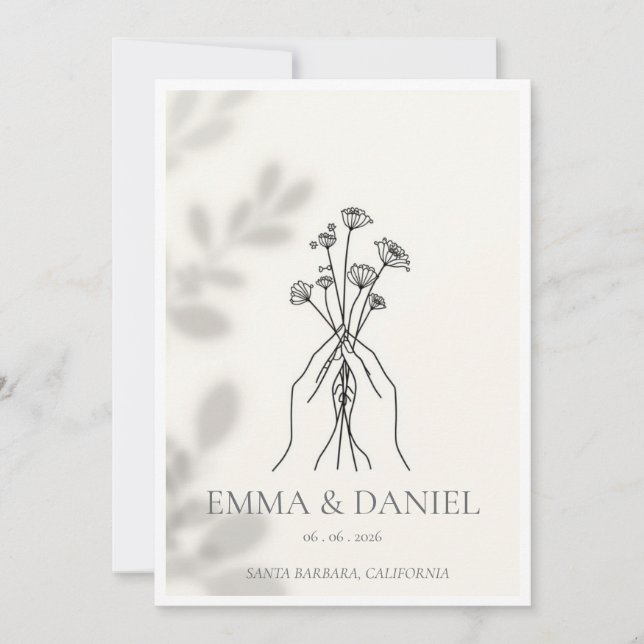 Minimalistisk Linje Konst Händer som håller Blommo Inbjudningar (Framsida)