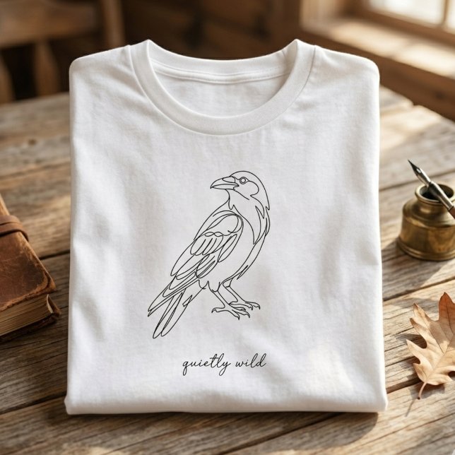 Minimalistisk Linje Konst Kråka Tyst Vild T-Shirt (Minimalist line raven crow tshirt)