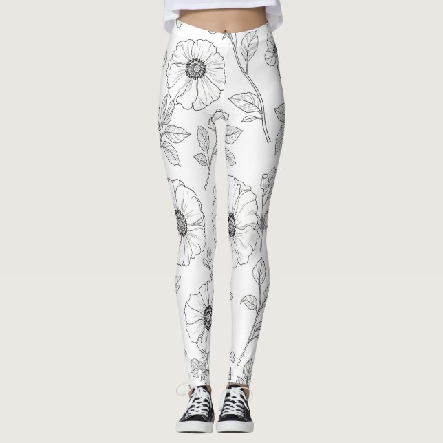 Minimalistisk linjearbetad blomstergrafik sömlöst  leggings (Framsida)