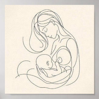 Minimalistisk linjekonst av mamma och bebis poster