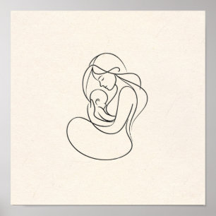 Minimalistisk linjekonst av mamma och bebis poster