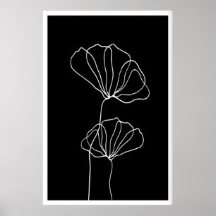 Minimalistisk linjekonst Blommtryck Vita blommor p Poster