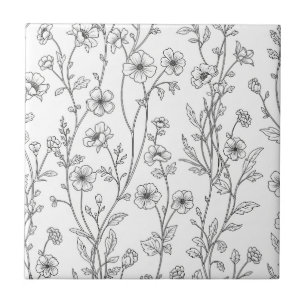 Minimalistisk linjekonst Blomster Sömlöst Mönster  Kakelplatta