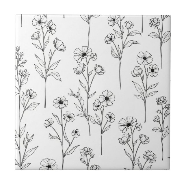Minimalistisk linjekonst Blomster Sömlöst Mönster  Kakelplatta (Framsidan)