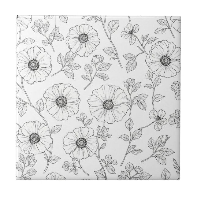 Minimalistisk linjekonst Blomster Sömlöst Mönster  Kakelplatta (Framsidan)