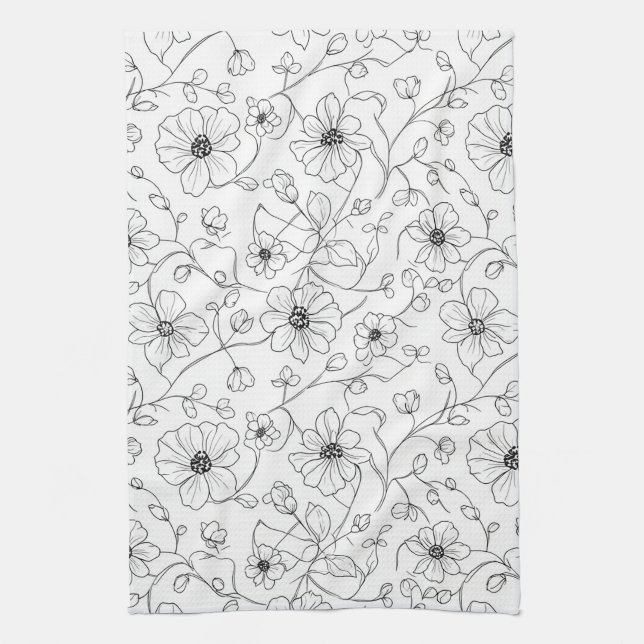 Minimalistisk linjekonst Blomster Sömlöst Mönster  Kökshandduk (Vertikal)