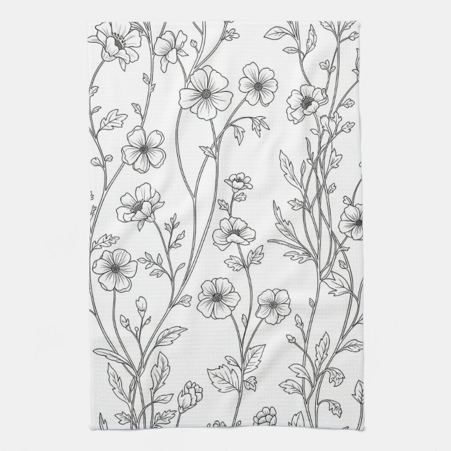Minimalistisk linjekonst Blomster Sömlöst Mönster  Kökshandduk (Vertikal)