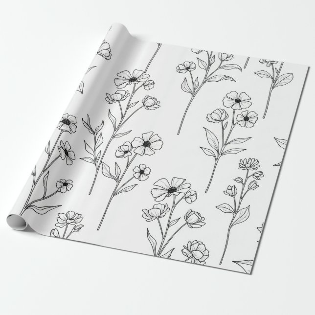 Minimalistisk linjekonst Blomster Sömlöst Mönster  Presentpapper (Utrullad)